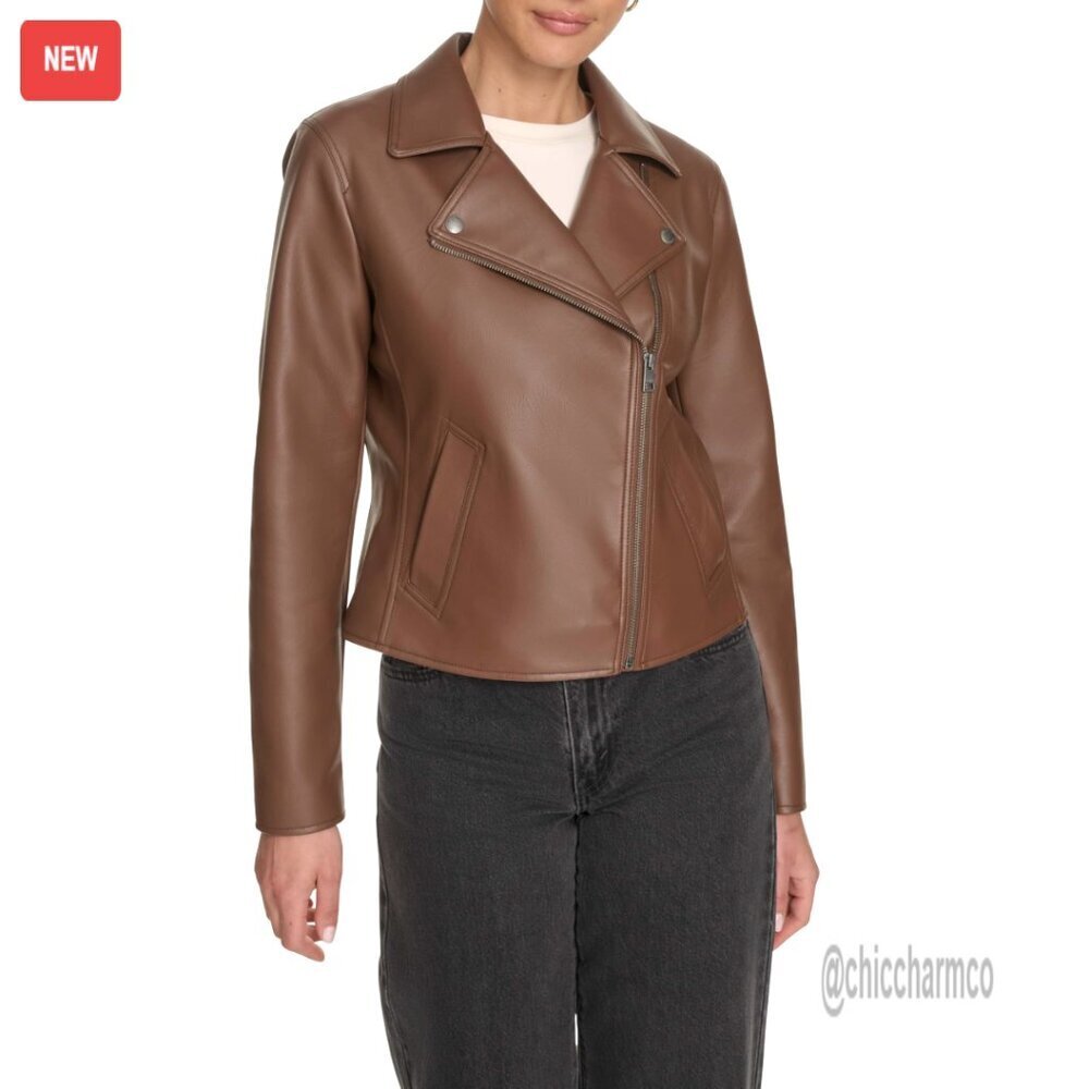 Faux Leather Moto Jacket with Welt Pockets, Asymmetrical Zipper
